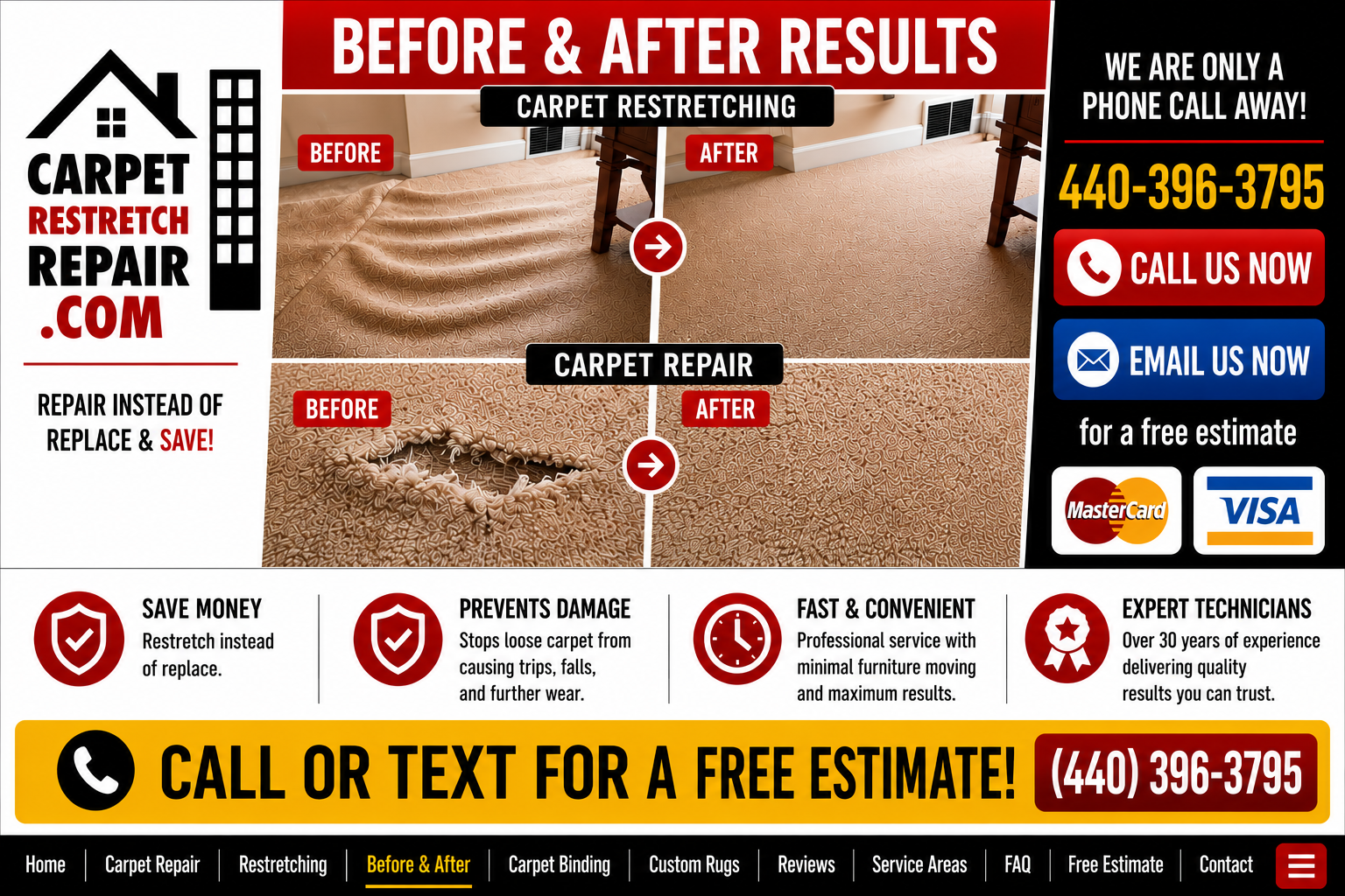 Before and after carpet repair and restretching in Lorain Ohio
