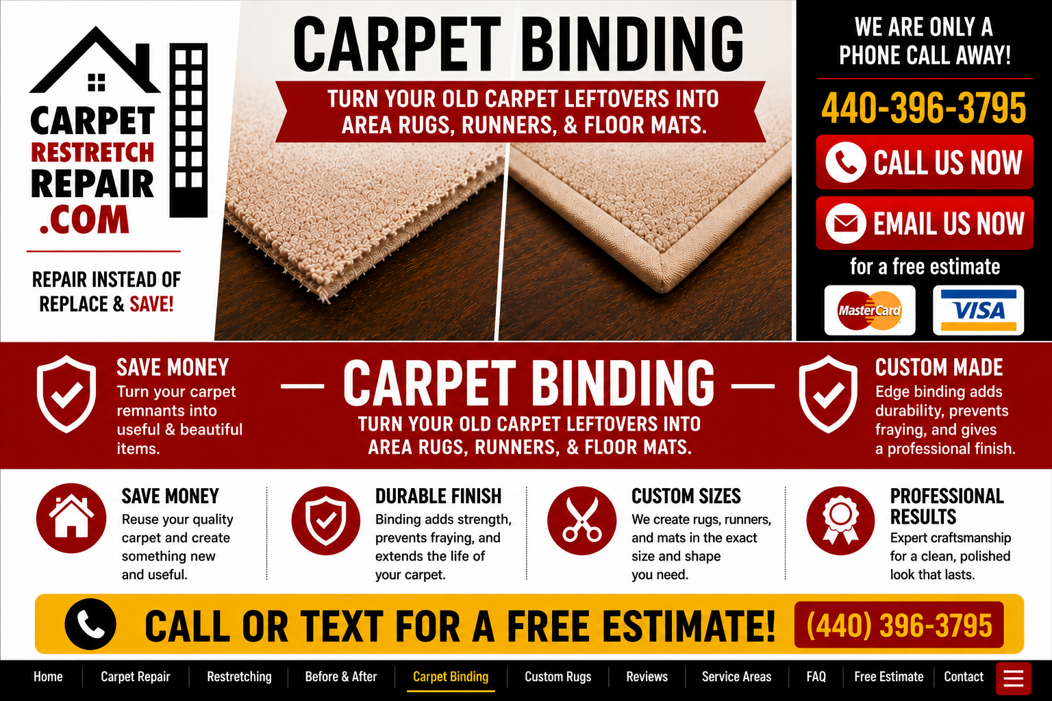 Professional carpet binding and custom rug edging in Lorain Ohio