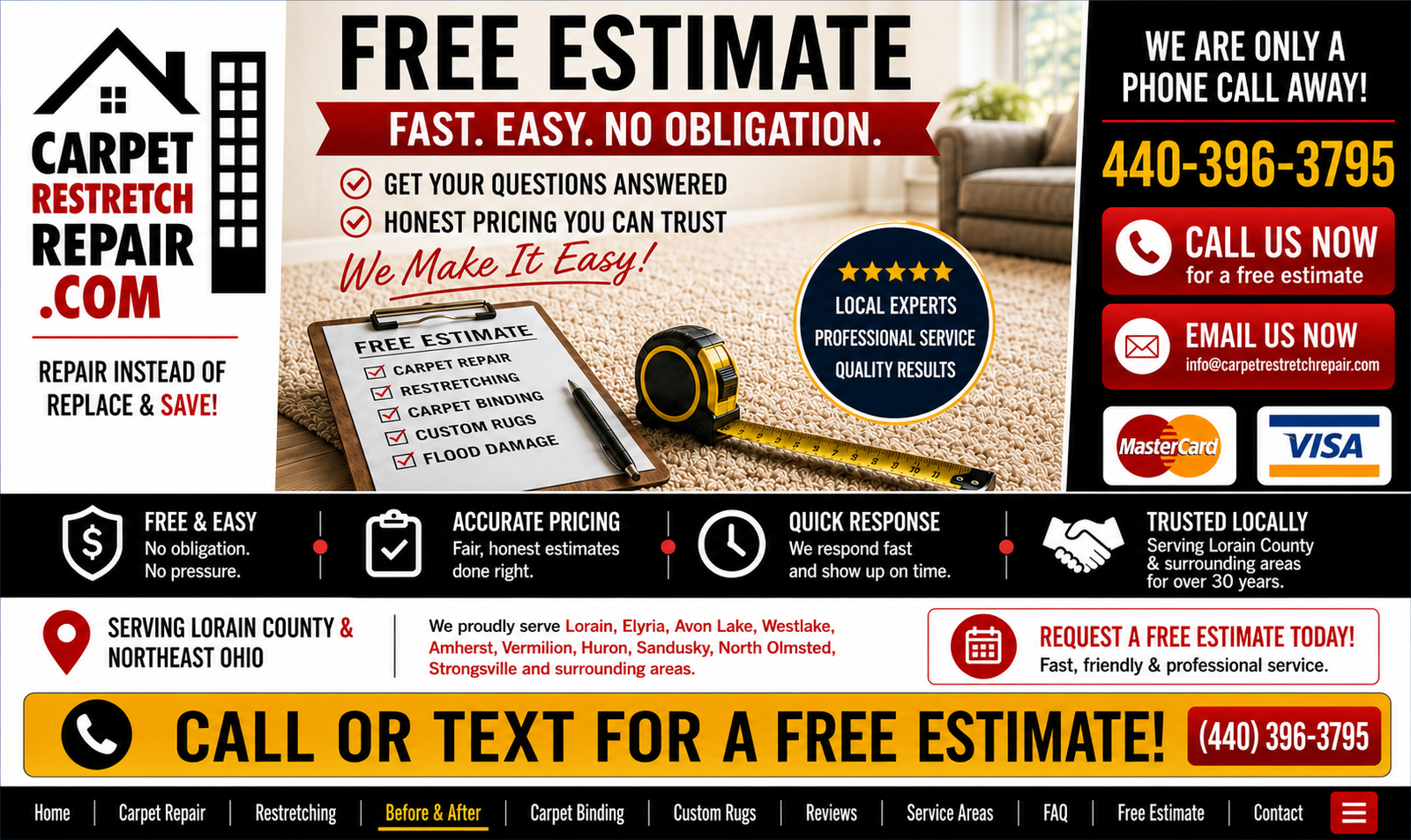 Free carpet repair and restretching estimates in Lorain Ohio
